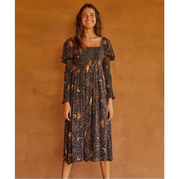 Farm Rio Leopard Sky Midi Dress w Smocked Bodice & Puffed Sleeve w MEASUREMENTS! - Picture 6 of 16